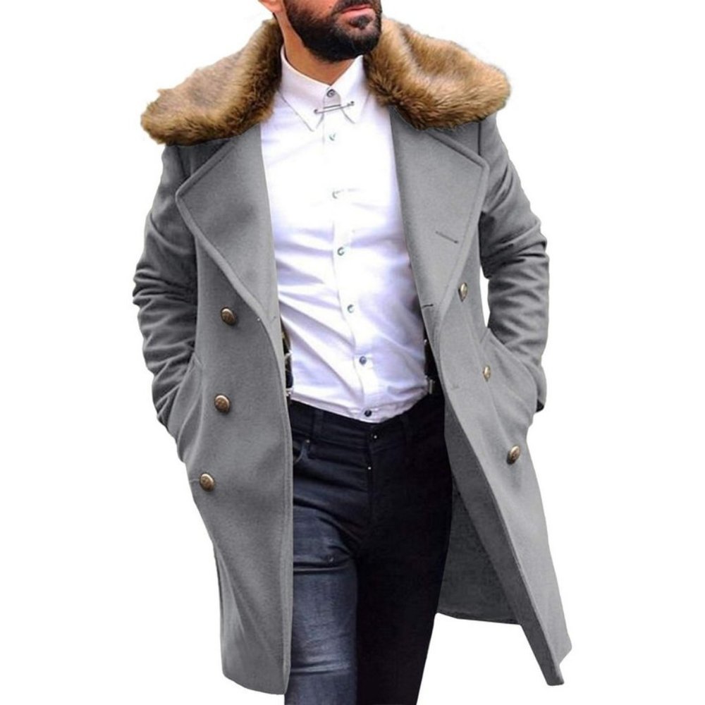 New Coat Removable Faux Fur Collar Double Breasted Winter, Grey